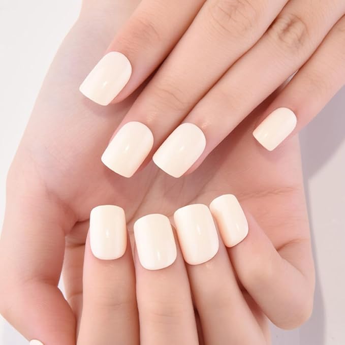 evpct Acrylic Beige Glossy Press on Nails Short Square, Glossy Beige Fake Nails Reusable False Nail Stick on Press ons for Women Gifts, Perfectly Fit Durable False Nail Kit with Gel Gel 30Pcs