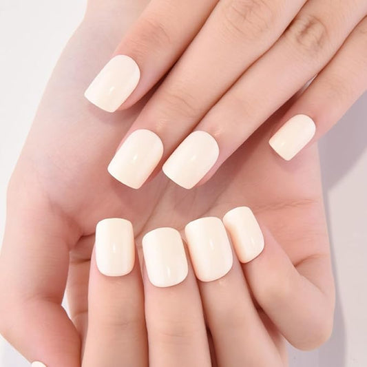 evpct Acrylic Beige Glossy Press on Nails Short Square, Glossy Beige Fake Nails Reusable False Nail Stick on Press ons for Women Gifts, Perfectly Fit Durable False Nail Kit with Gel Gel 30Pcs