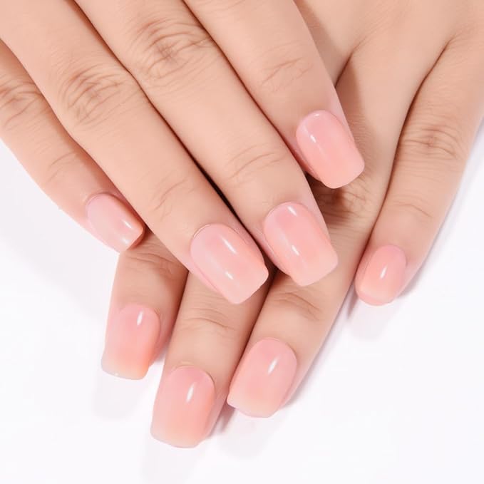 evpct Warm Pink Short Press on Nails Square, Glossy Soft Gel Acrylic Fake Press on Nails Manicure Kit, Reusable Artificial Stick on Nail for Women, Full Cover Easy Application Easy At-Home Salon