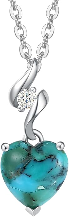 AGVANA Christmas Gifts 14K Solid White Gold Diamond Gemstone Pendant with Sterling Silver Chain 8mm Heart Birthstone Necklace Fine Jewelry Anniversary Birthday Gifts for Women Mom Wife