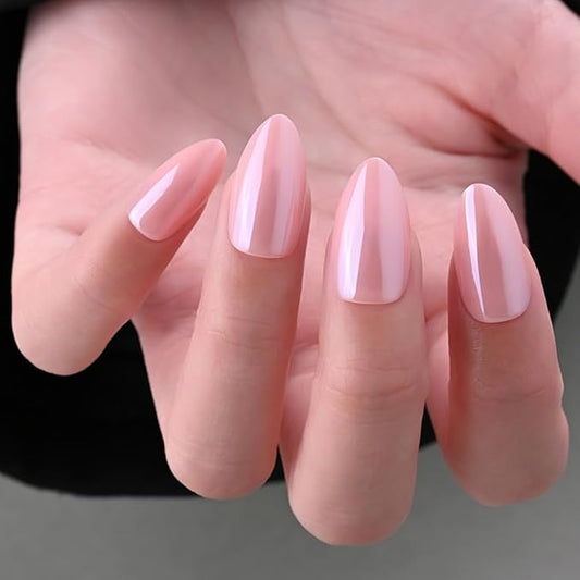Press on Nails Short Almond - Nude Pink Chrome Glazed Glossy Press on Nail Tips Stick on Nails with Nail Kit for Gift, Reusable Stick On Nails in 15 Sizes 30 Full Cover Acrylic Soft Gel Fake Nails Kit