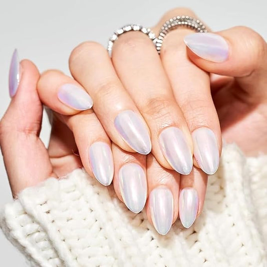 GLAMERMAID Chrome Pearl White Press On Nails Short Almond, Mirror Powder Handmade Soft Jelly Gel Fake Nails, Donut Glazed Round Oval Stick Glue on Nails Kit for Women, Reusable Acrylic False Nail Set