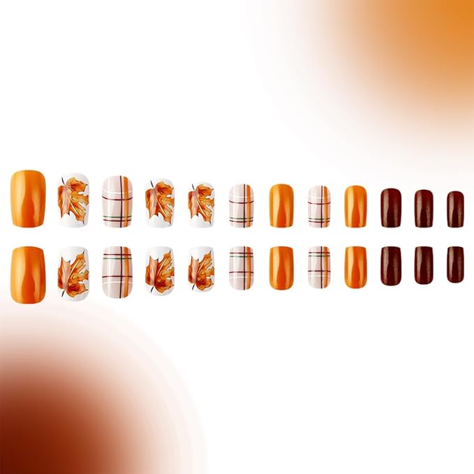 XZMeiLun Fall Press On Nails Short Square, Autumn Acrylic Press On Nails, Lattice Maple Leaf Designer Reusable Fake Nails, Glue On Nail Press Ons for Hallows' Day Women, Nails Press Ons
