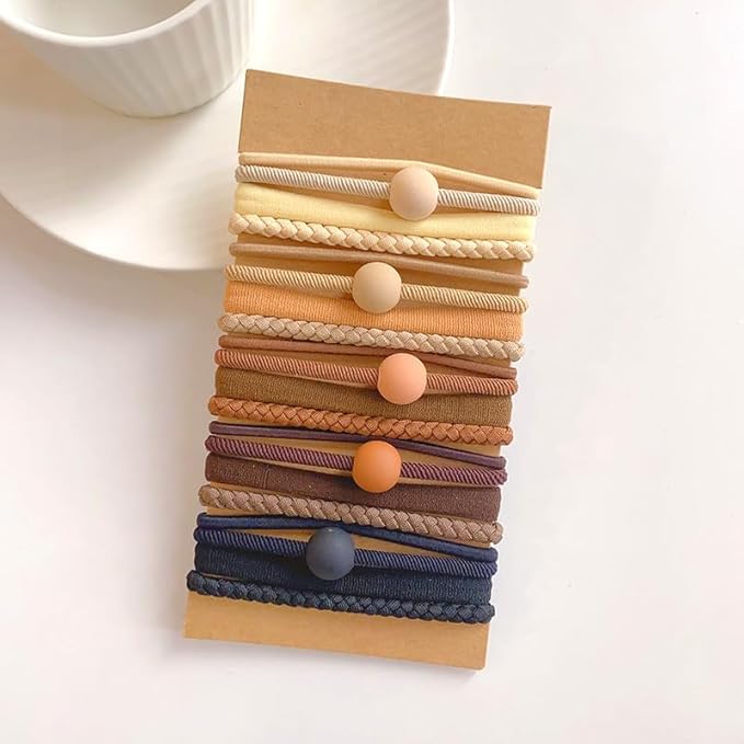 Multistyle Hair Ties Set: Gentle High Elasticity Ponytail Scrunchie Bracelet for Women (12-Cream Coffee Beads Set:20, One Size)