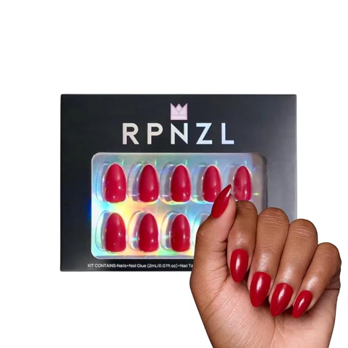 RPNZL Press On Nails - Cherry Bomb | Opaque Bright Red Medium Almond Fake Nails, Salon Quality - 32 Nails, 16 Sizes Kit with Glue and Adhesive Tabs I Female Founded