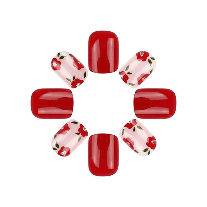 Short Press on Nails Square - Red Fake Nails with Cute Flower Design - Solid Color Full Cover Glossy Stick on Nails for Women - 24 Pcs