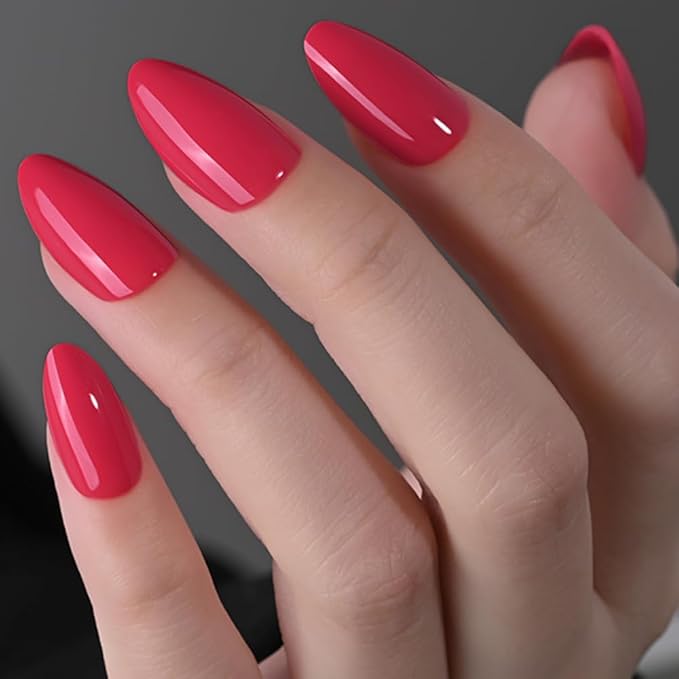 evpct Glossy Press on Nails Short Almond Short for Women, Red Fake Nail with Kits Salon Quality Reusable Stick on Nails In 15 Sizes 30Pcs Full Cover False Nail Soft Gel Set Kit for Gift, 21