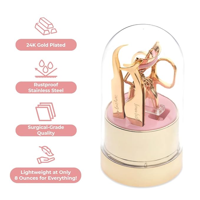 Icona Lashes 4-in-1 False Eyelash Tool Kit - DIY Lash Extension Kit with Tweezer, Curler, Scissors, Applicator - 24K Gold Plated Stainless Steel Accessories in Clear Dome Organizer, Beautiful Gift Box