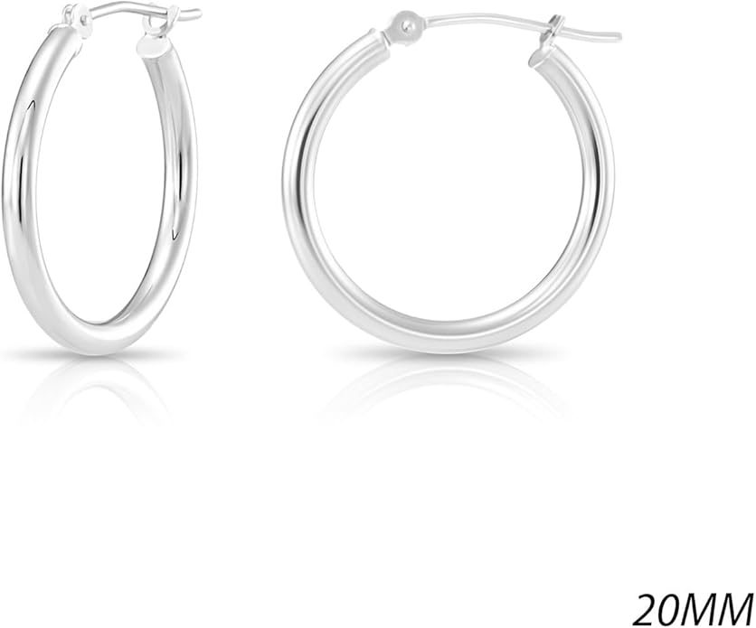 Classic 10K White Gold Hoop Earrings - Shiny Polished Plain Round Gold Hoops for Women and Men