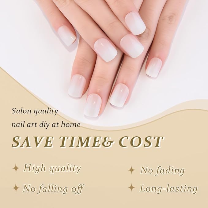 evpct Ombre Glossy Press on Nails Short Square, Nude to White Glossy Fake Nails Reusable, Acrylic False Nail Stick on Press ons for Women Gifts, Color Ombre Artificial False Nail with Kit, 30Pcs