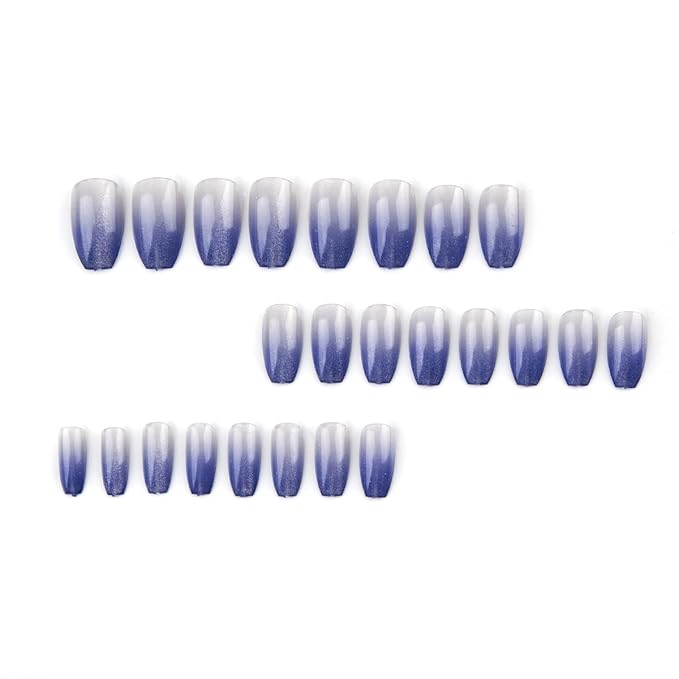 Coffin Press on Nails Medium - Blue Fake Nails with Ombre Glitter Deisgn - Gloosy Full Cover Stick on False Nails - for Women 24 Pcs