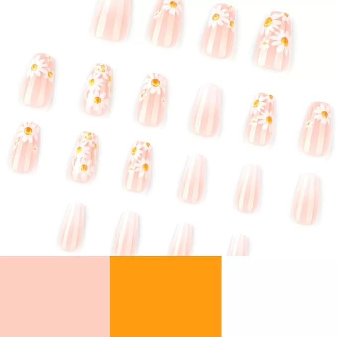 Medium Press on Nails Coffin - Flower Fake Nails with Daisy Design - Summer Full Cover Stick on False Nails - for Women 24 Pcs