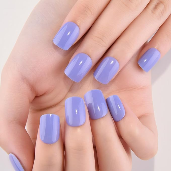 evpct Blue Glossy Press on Nails Short Square, Glossy Blue Fake Nails Summer Reusable, Acrylic False Nail Stick on Press ons for Women Gifts, Perfectly Fit Durable False Nail Kit with Kits 30Pcs