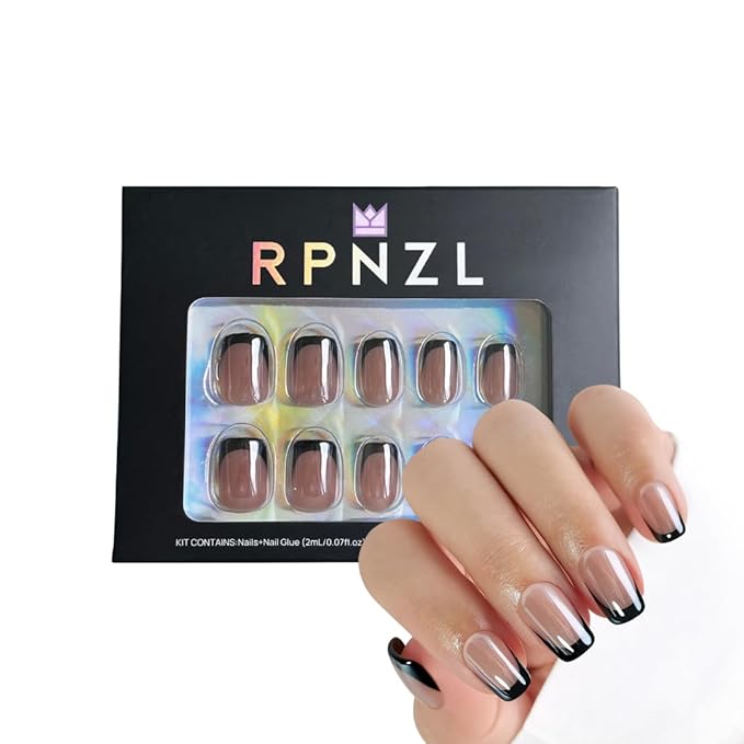 RPNZL Press On Nails - Midnight | Chrome Black French Tip, UV Finish Short Squoval Nails, Reusable, Salon Quality | 32 Nails, 16 Sizes Kit with Glue and Adhesive Tabs