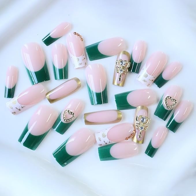 Green French Tip Press on Nails Medium Coffin Fake Nails with Flower Heart Charms Design - Full Cover Stick on Press ons - for Women Manicure 24 Pcs