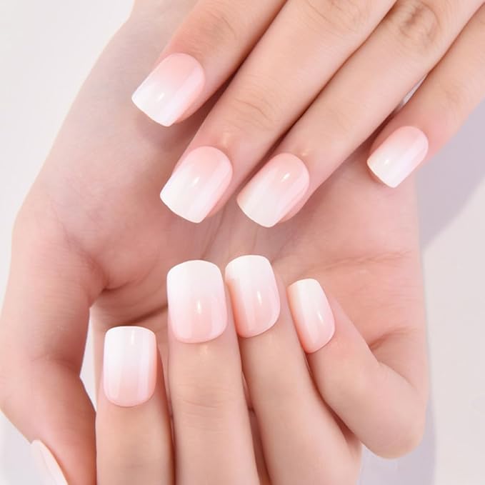 evpct Ombre Glossy Press on Nails Short Square, Nude to White Glossy Fake Nails Reusable, Acrylic False Nail Stick on Press ons for Women Gifts, Color Ombre Artificial False Nail with Kit, 30Pcs