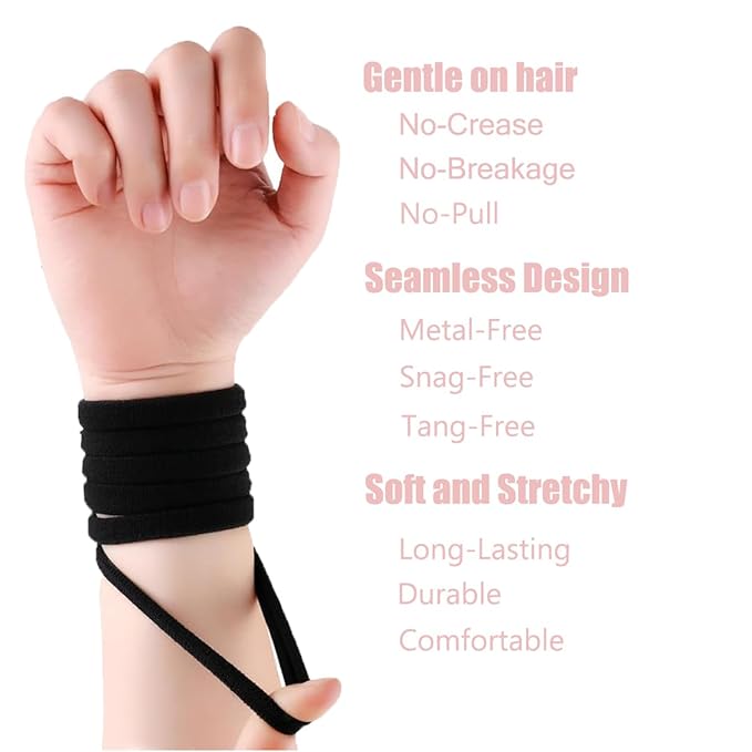 15pcs Black Hair Ties No Damage - Strong Stretchable Hair Bands for Curly Heavy and Long Hair All-Day Hold Ponytail Holders SnagFree Rubber Bands Hair Accessories | Ideal Gifts for Women