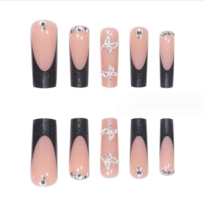 Foccna Press on Nails Long Rhinestone Pink Fake Nails Black Square Bling Glossy Artificial Nails Finger Manicure for Women and Girls-24pcs (Long Nails 1)