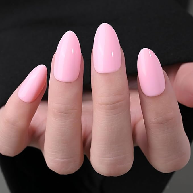 evpct Glossy Press on Nails Short Almond Short for Women, Baby Warm Pink Fake Nail with Kits Salon Quality Reusable Stick on Nails In 15 Sizes 30Pcs Full Cover False Nail Soft Gel Set Kit for Gift, 30