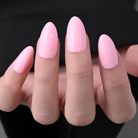 evpct Glossy Press on Nails Short Almond Short for Women, Baby Warm Pink Fake Nail with Kits Salon Quality Reusable Stick on Nails In 15 Sizes 30Pcs Full Cover False Nail Soft Gel Set Kit for Gift, 30
