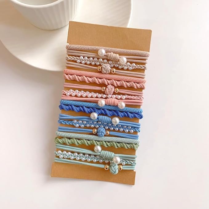 Multistyle Hair Ties Set: Gentle High Elasticity Ponytail Scrunchie Bracelet for Women (6-Pearl Colorful Set:20, One Size)
