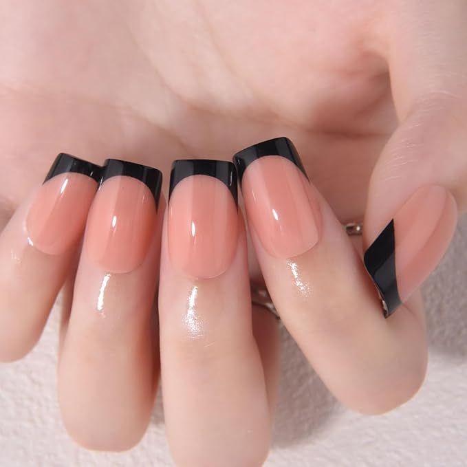 XZMeiLun Nude+Black French Tips Press on Nails, Short Square Acrylic Fake Nails Design, Natural Reusable Glue-On Nails Kit for Women DIY False Nail Art Decoration Gift, Salon Quality Reusable 32 Pcs