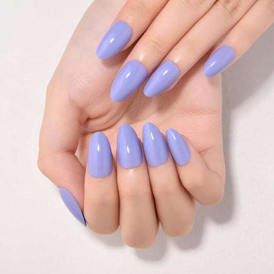 evpct Sea Blue Short Almond Glossy Press on Nails for Women Gift, Glossy Sea Blue Fake Nail with Nail Kit Manicure Kit, Soft Gel Full Cover Reusable Stick on Soft Acrylic False Nails Perfectly Fit
