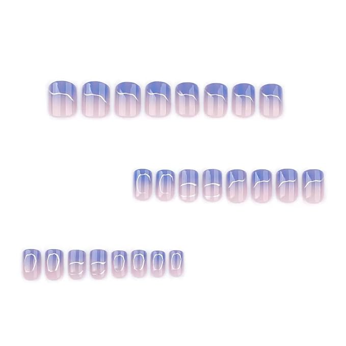CTTHNBD Press on Nails Short - Square Fake Nails with Silver Irragular Design - Blue Ombre False Nails Press ons - for Women 24 Pcs