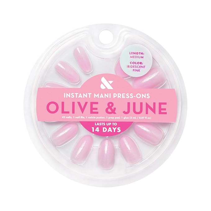 Olive & June Instant Mani Press-On Nails | (Glue) Medium, Oval 42 Fake Nails, 21 Sizes | Non-Toxic, Long-Lasting Recycled Materials Realistic Look | Salon-Quality at Home | Iridescent Pink