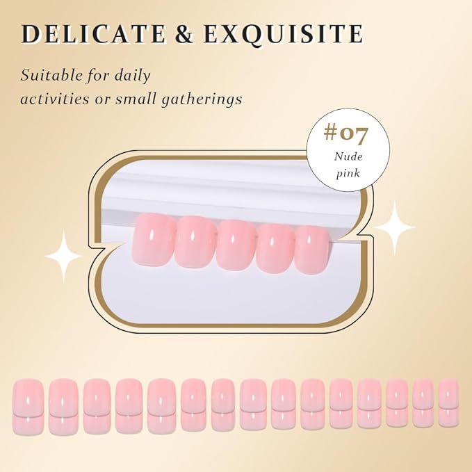 evpct Nude Pink Glossy Press on Nails Short Square, Glossy Pink Fake Nails Summer Reusable, Acrylic False Nail Stick on Press ons for Women Gifts, Durable Perfectly Fit False Nail Kit Gel 30Pcs