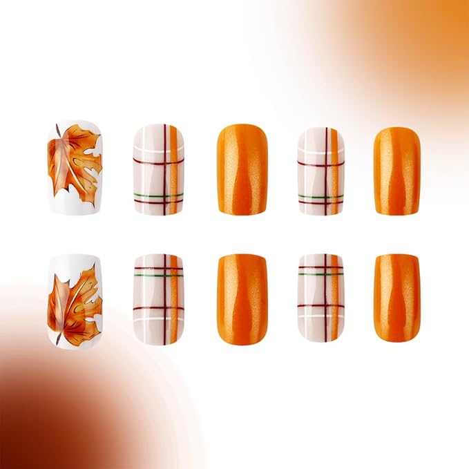 XZMeiLun Fall Press On Nails Short Square, Autumn Acrylic Press On Nails, Lattice Maple Leaf Designer Reusable Fake Nails, Glue On Nail Press Ons for Hallows' Day Women, Nails Press Ons