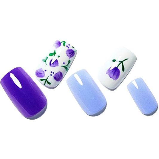 GLAMERMAID Dark Purple Press on Nails Medium Square, Floral Blossom Deep Purple Gel False Nals, Tulip Glue on Nails Kit for Women, Natural Lavender Reusable Stick on Acrylic Fake Nails Manicure Set