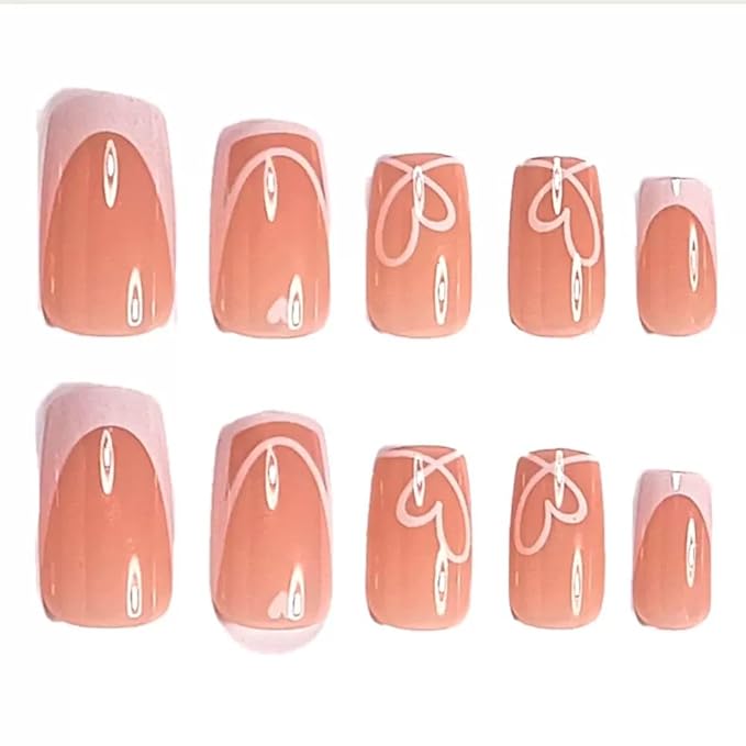 Square Press on Nails Medium - White French Tip with Heart Stripes Design - Glossy Full Cover Stick on False Nails - for Women 24 Pcs