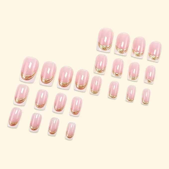 Square Press on Nails Medium - White French Tip Fake Nails with Gold Stripes Design - Glossy Full Cover Stick on Nails - for Women 24 Pcs