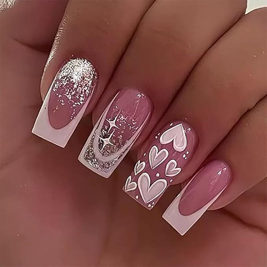 CTTHNBD Press on Nails Square - Medium Pink Fake Nails with Heart Desgin - White French Tip False Nails Press ons - for Women 24 Pcs
