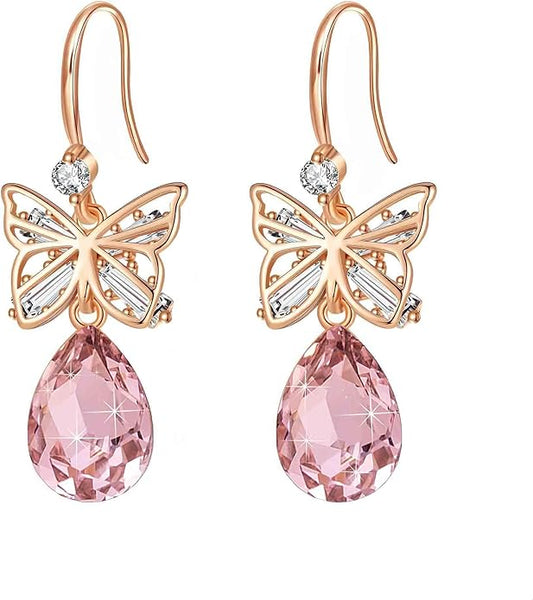 Austrian Crystal Teardrop Butterfly Drop Dangle Earrings for Women 14K Rose Gold Plated Hypoallergenic Jewelry