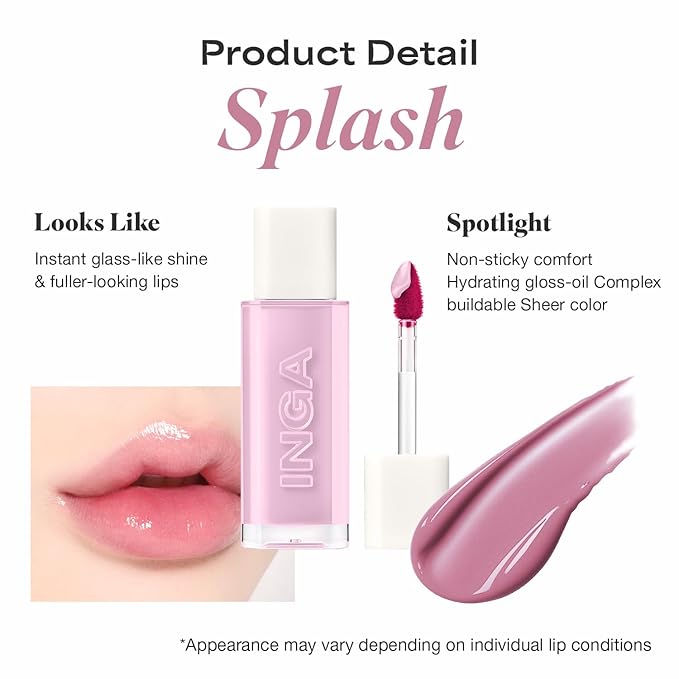 INGA Water Glow Lip Tint | Hydrating, Glossy Korean Lip Tint with Sheer Color & Glass-Like Shine | Long-Lasting, Non-Sticky Korean Lip Stain (SPLASH)