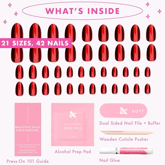 Olive & June Instant Mani Press-On Nails | (Glue) Medium, Oval 42 Fake Nails, 21 Sizes | Non-Toxic, Long-Lasting Recycled Materials Realistic Look Salon-Quality at Home | Obsessed Velvet