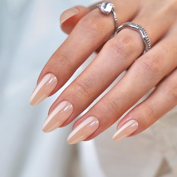 BTArtbox Press on Nails Almond Medium Soft Gel Chrome Nails, Light Weight & Fit Perfectly, Natural Fake Nail with Nail Glue, Nude Glue On Nails in 15 Sizes - 30 Nail Kit, Champagne Glazed