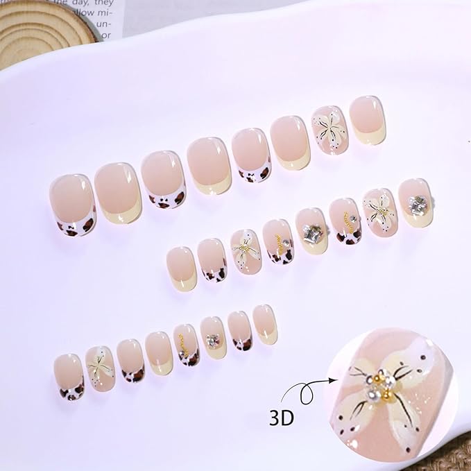 24Pcs Leopard French Tip Press on Nails Shiny Rhinestones 3D Flower Designs Summer Short Round Fake Nails Yellow French Petal Floral False Nails Stick on Nails for Women Balls Parties Dates Wear