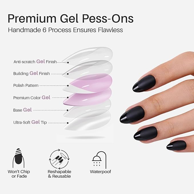 SHANGMENG Soft Gel Black Press on Nails Almond - Short Nails with Glossy French Tips in a Matte Finish, Stick on Nails with Glue in 16 Sizes - 32 Reusable Fake Nails for Women, Matte Black
