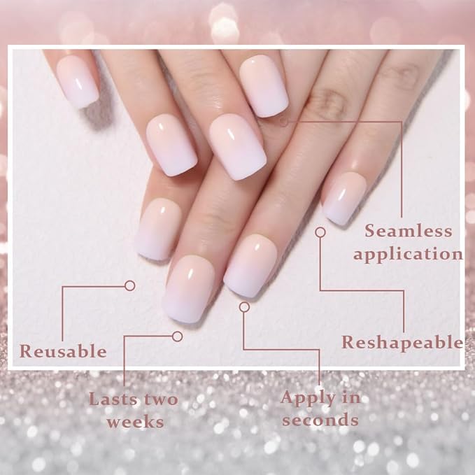evpct Ombre White to Nude Press on Nails Extra Short, Petite Short Square Glossy Stick on Nails for Women Gift with Manicure Kit, Reusable Soft Gel Stick on Fake Nail with Ombre Designs Perfectly Fit