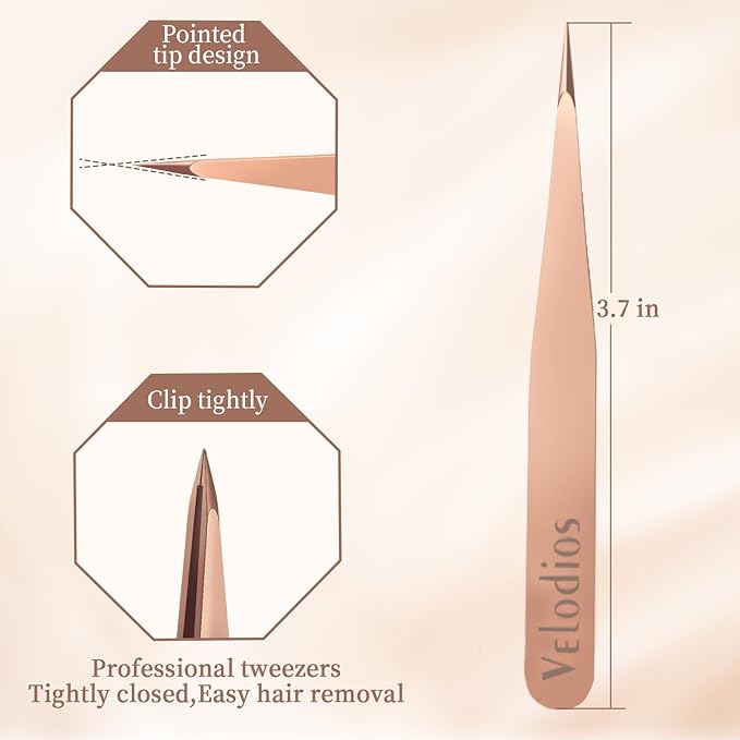 Velodios Pointed Tweezers for Women Facial Hair, Sharp & Precision Stainless Steel Tweezer for Eyebrows, Facial Hair and Fine Hairs Removal (Rose Gold)