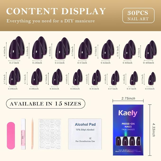 evpct Dark Purple Press on Nails Short Almond, Glossy Eggplant Purple Fake Nail for Women Gift with Kits, Salon Quality Soft Gel Stick on False Acrylic Nails Reusable Full Cover with Manicure Kit