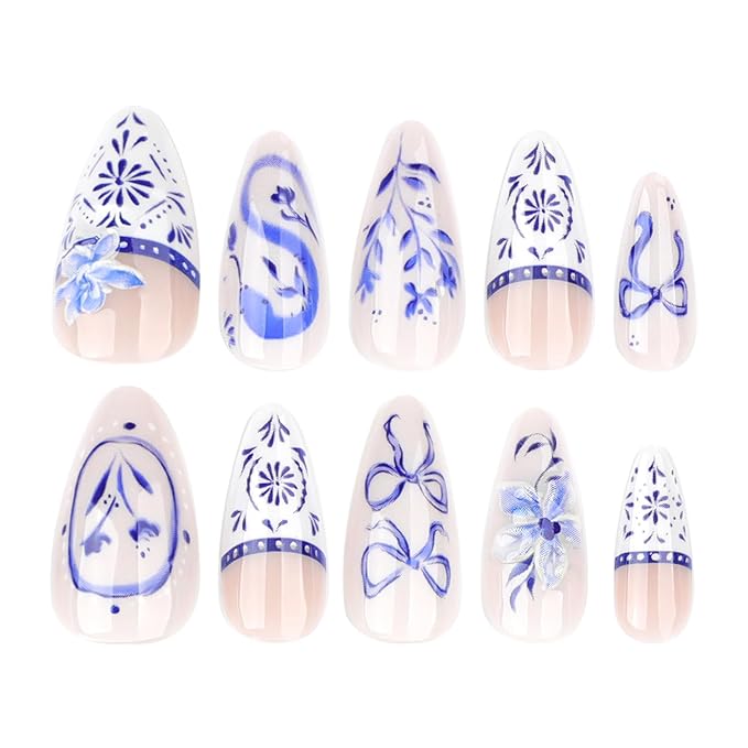 24Pcs Bohemian Style Press on Nails Almond Fake Nails Blue White French Manicure with Bow, Flower,Design Medium Snake Print False Nails Full Cover Artificial Nails Stick on Nail for Women DIY Manicure