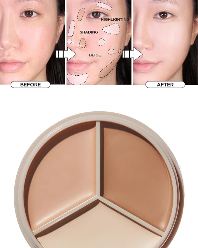 THESAEM Cover Perfection Triple Pot Concealer - 02 Contour Beige for 3D Facial Contouring - 3-Color Multi Concealer Palette with Shading & Highlighting - Korean Makeup with Sweet Almond Oil