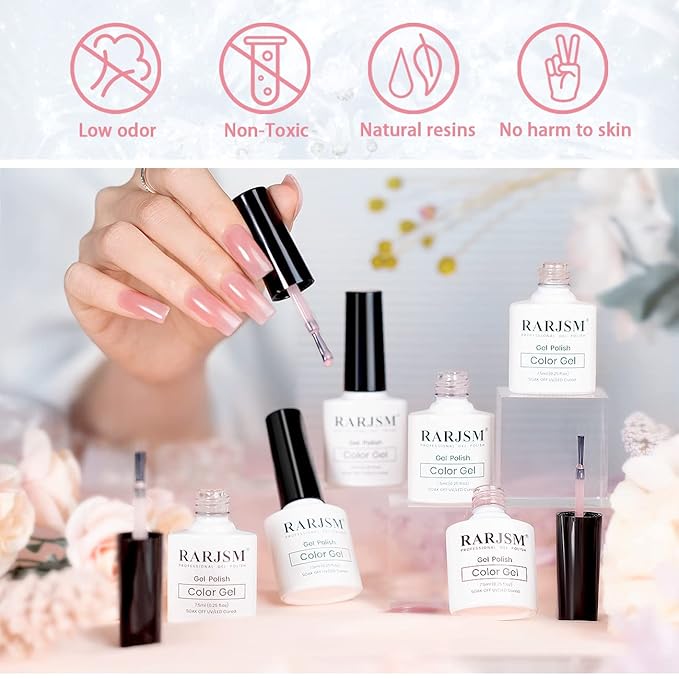 RARJSM Icy Jelly Gel Nail Polish Set of 6 Translucent Colors,Sheer Rose Nude Skintone Gelpolish LED UV Gel Clear Milky Light Pink Red Brown French Manicure Curing Requires 7.5ml DIY Home Nail Salon