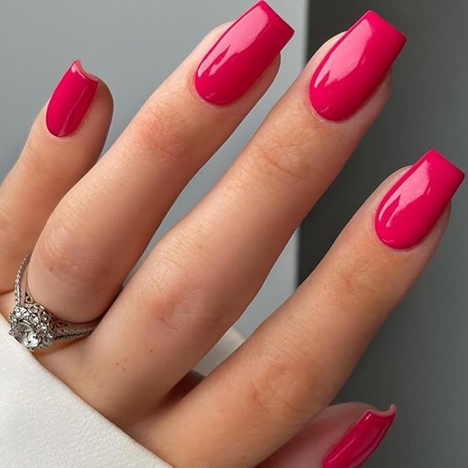 Gel Nail Polish Press on Nails Short, Handmade Hot Pink Fake Nails Medium Square Shape UV Jelly Finish Glue on Nails for Women Acrylic False Nail Kits Stick on nails Reusable Full Cover by GLAMERMAID,