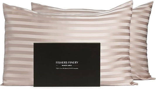 Fishers Finery 30mm 100% Pure Mulberry Silk Pillowcase Set, Quality Tested (Taupe Stripe, Queen, 2 Pack)