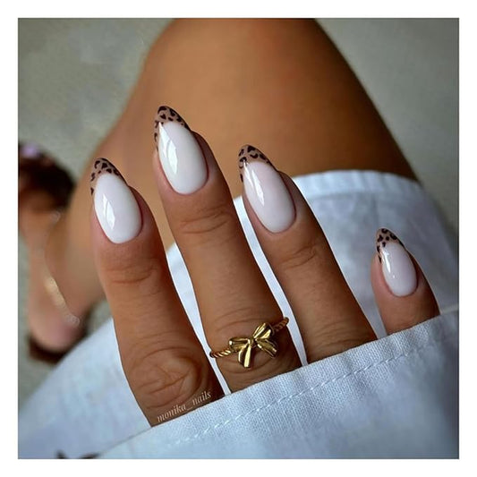 SHELWIN French Press On Nails Ready-To-Wear DIY Manicure Stick On Nails kit for Women 24 Pcs Short Medium Coffin Almond Shaped False Nails Gifts（Sexy Leopard）